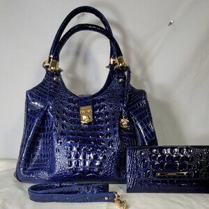 2 pc. BRAHMIN NAVY BLUE INK LEATHER SHOULDER BAG/PURSE-VERONICA WALLET SET